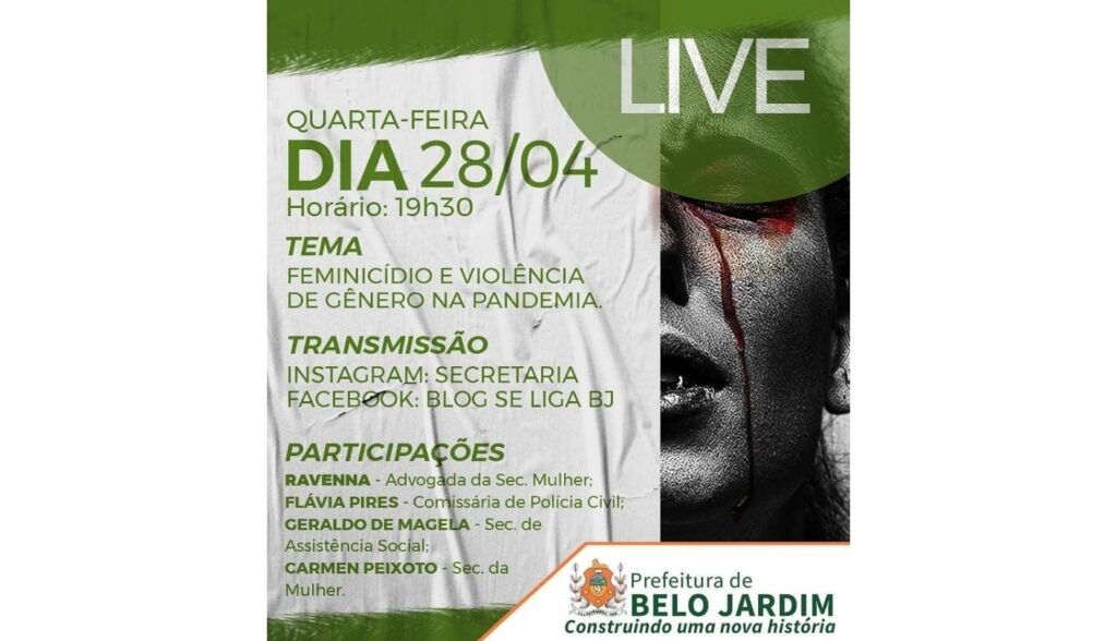 Feminicídio e violência de gênero na pandemia são temas de live, nesta quarta-feira