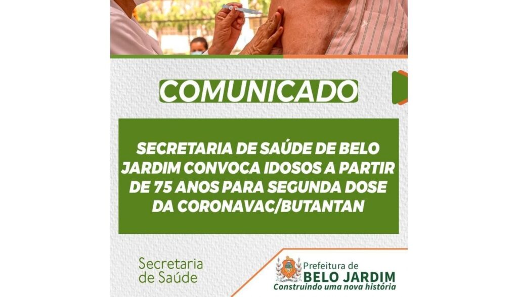 Secretaria de Saúde de Belo Jardim convoca idosos a partir de 75 anos para segunda dose da Coronavac/Butantan