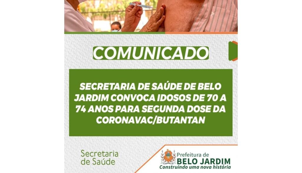 Secretaria de Saúde de Belo Jardim convoca idosos de 70 a 74 anos para segunda dose da Coronavac/Butantan