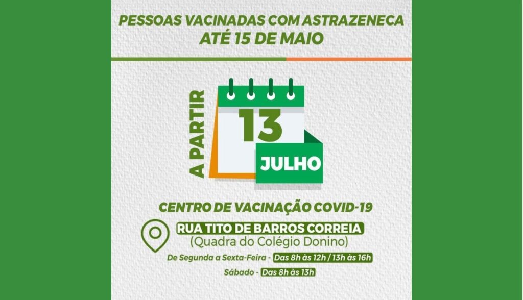 Pessoas vacinadas com AstraZeneca até o dia 15 de maio devem buscar Centro de Vacinação de Belo Jardim para receber segunda dose