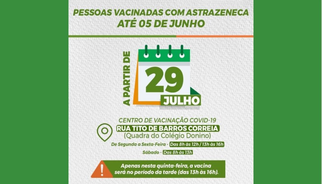 Pessoas vacinadas com AstraZeneca até o dia 05 de junho devem buscar Centro de Vacinação de Belo Jardim para receber segunda dose