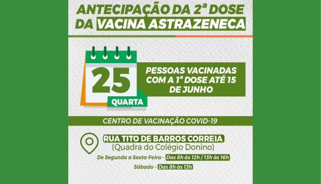 Pessoas vacinadas com AstraZeneca até o dia 15 de junho devem buscar Centro de Vacinação de Belo Jardim para receber segunda dose