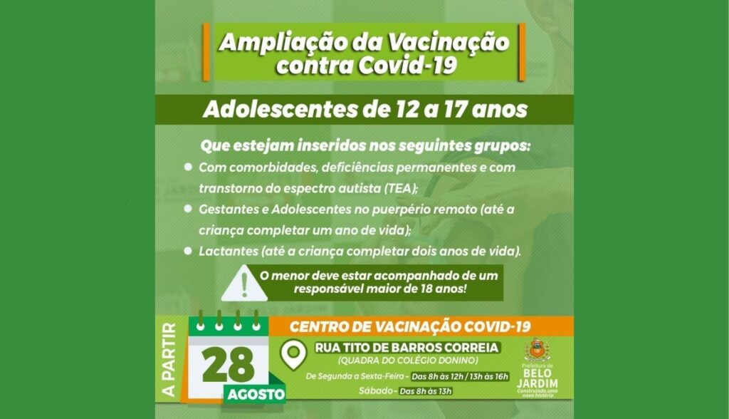 Belo Jardim amplia vacinação contra Covid-19 para adolescentes de 12 a 17 anos dos grupos prioritários