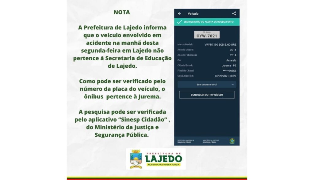 Ônibus envolvido em acidente não pertence a prefeitura de Lajedo