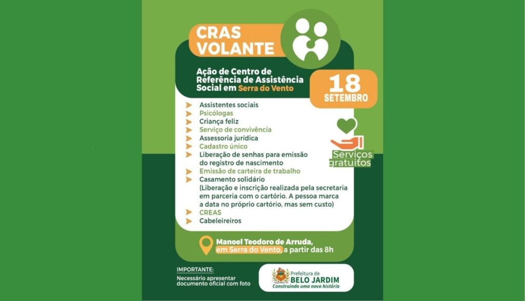 CRAS Volante chega a Serra do Vento neste sábado (18)