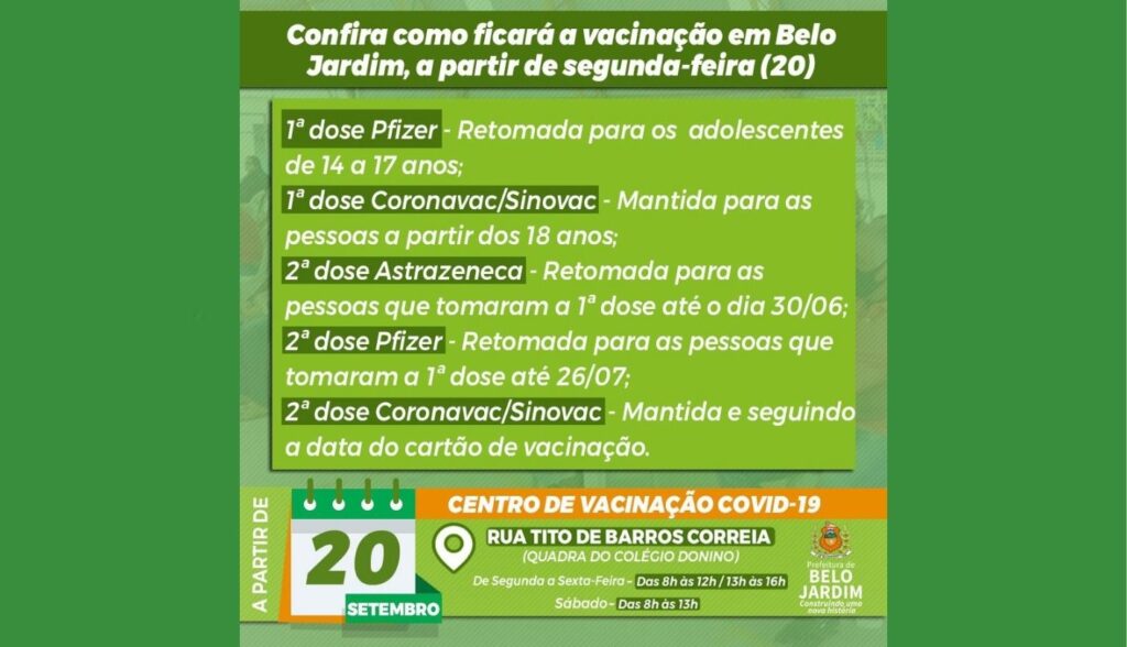 Belo Jardim retoma vacinação da primeira dose para adolescentes e segunda dose de Astrazeneca e Pfizer