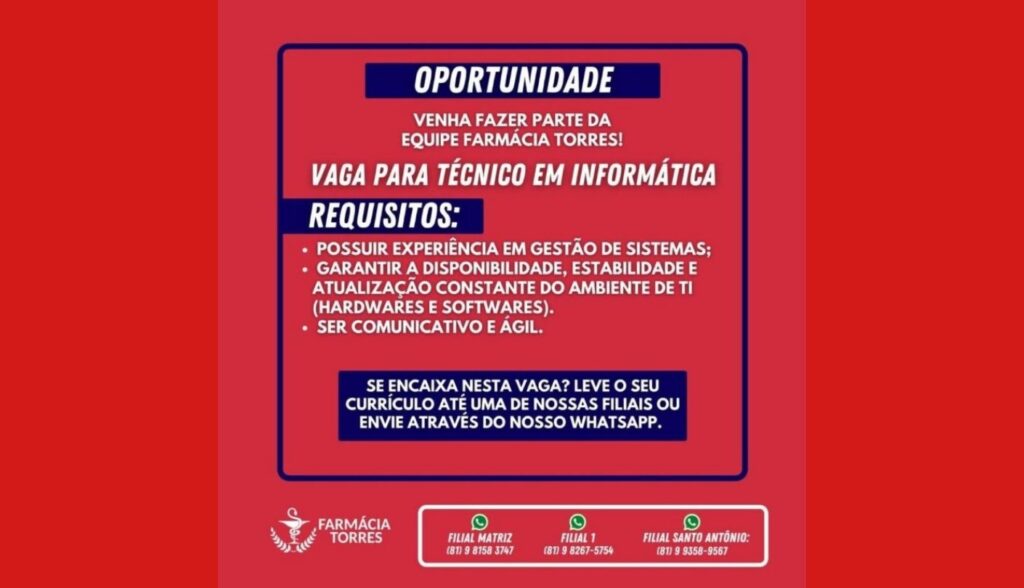 Farmácia Torres oferece vaga de emprego para Belo Jardim