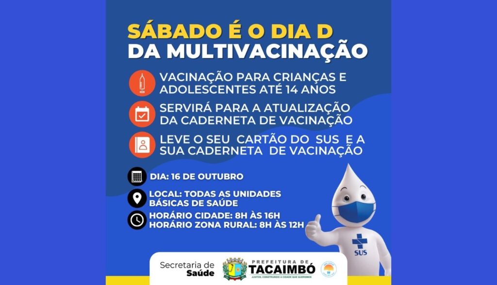 Prefeitura de Tacaimbó fará 'Dia D' neste sábado (16) para imunizar crianças e adolescentes em campanha de multivacinação