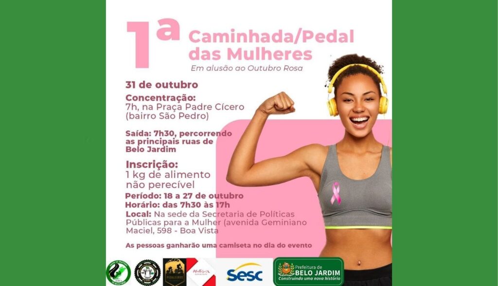 Secretaria da Mulher abre inscrições para 1ª Caminhada/Pedal em alusão ao Outubro Rosa