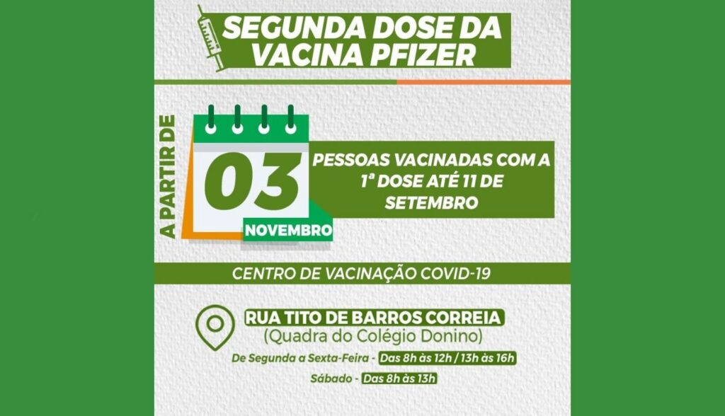 Pessoas vacinadas com primeira dose da Pfizer até 11 de setembro são convocadas para segunda dose