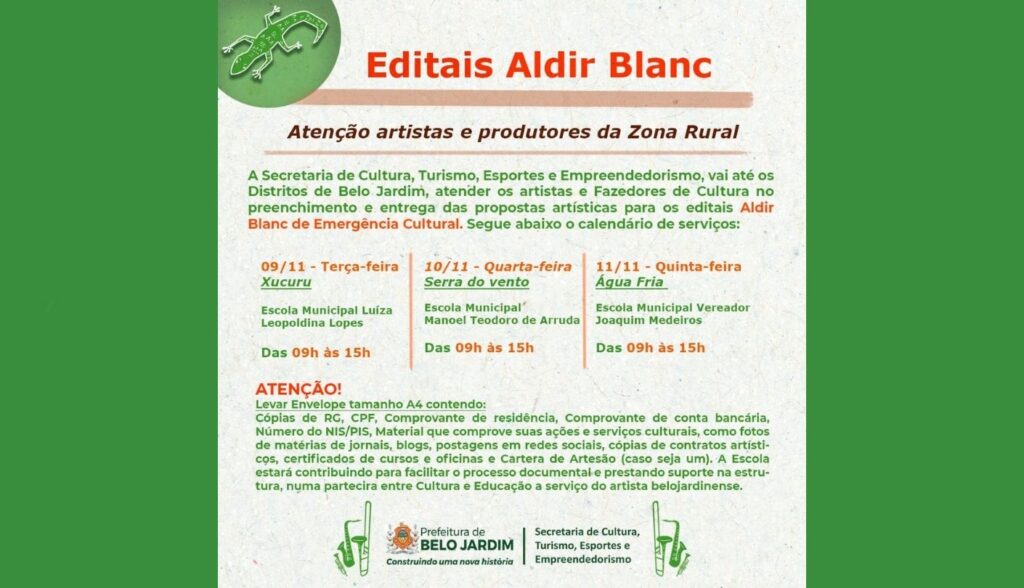 Secretaria de Cultura divulga o calendário de inscrições nos editais da Lei Aldir Blanc 2021 para artistas e fazedores da cultura da zona rural