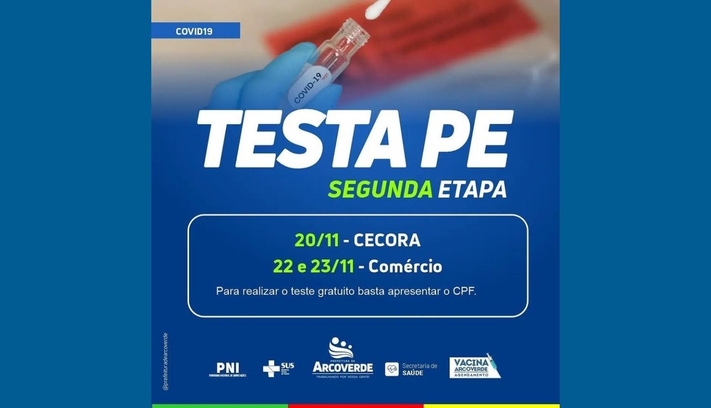 Programa TestaPE: Arcoverde inicia segunda etapa de testagens da Covid-19 no sábado (20)