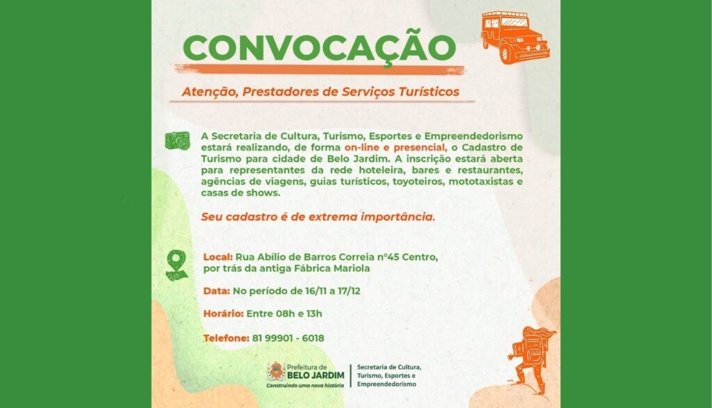 Prefeitura de Belo Jardim convoca prestadores de serviços turísticos para realizarem cadastramento do setor