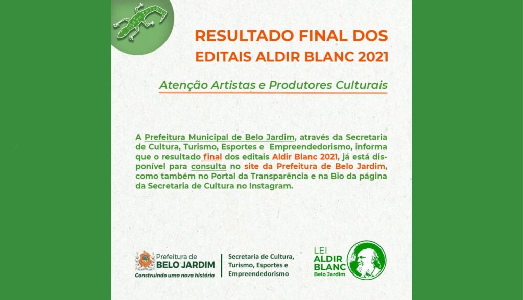 Secretaria de Cultura divulga o resultado final da Lei Aldir Blanc 2021