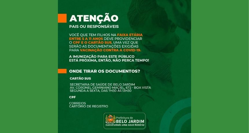 Prefeitura de Belo Jardim orienta pais ou responsáveis a agilizarem documentação exigida para vacinação de crianças contra Covid-19
