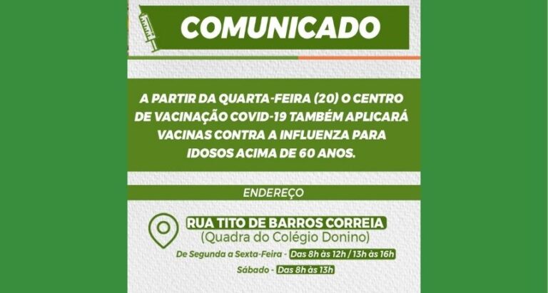 Centro de Vacinação Covid-19 disponibilizará vacina contra gripe para idosos acima de 60 anos