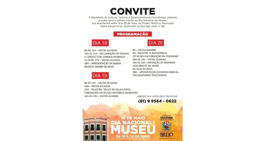 Prefeitura de Brejo da Madre de Deus realiza dia do museu do dia 18 à 20 de maio