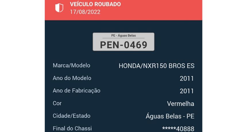 Moto foi furtada da frente de residência em São Bento do Una