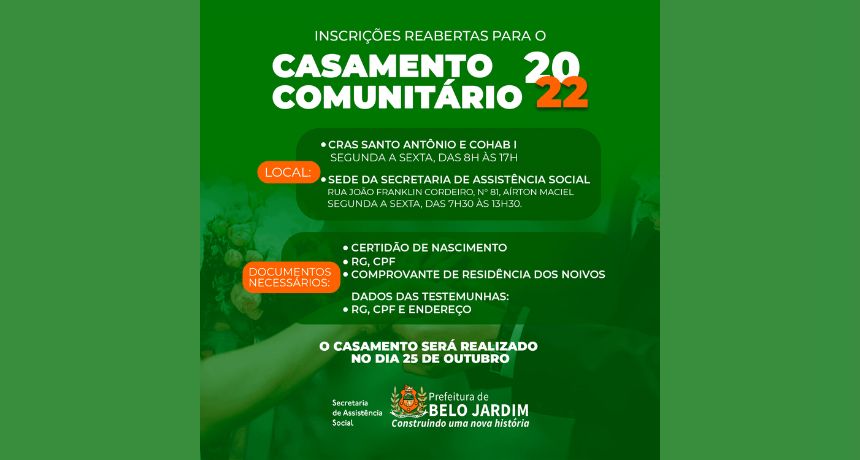 Prefeitura de Belo Jardim reabre inscrições para o Casamento Comunitário 2022. Cerimônia será em outubro