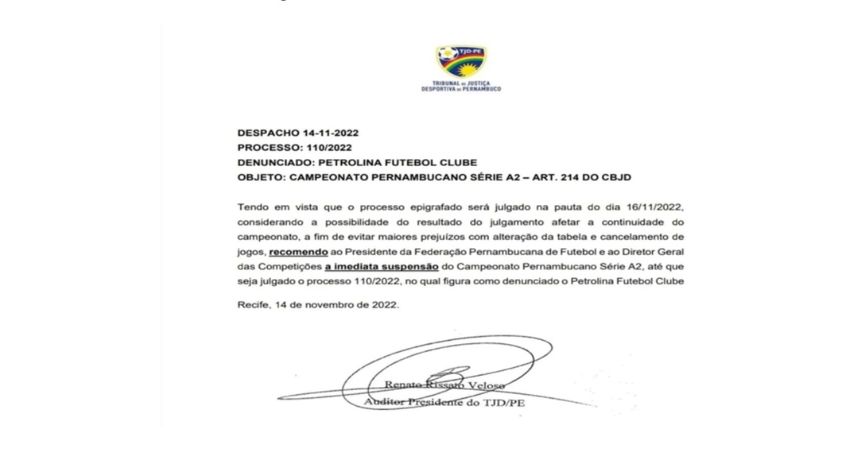 TJD-PE recomenda suspensão imediata de semifinais da série A2 até julgamento do Petrolina por escalação irregular