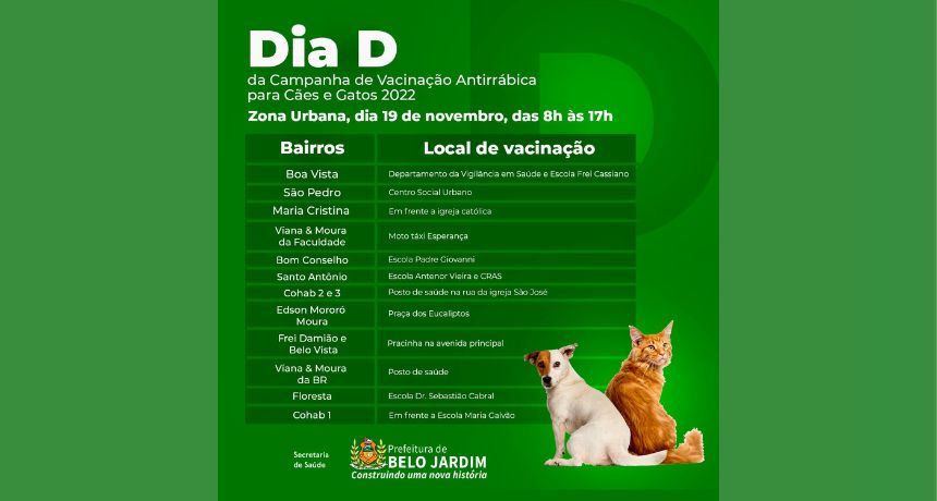 Prefeitura de Belo Jardim realiza neste sábado (19) dia D de Vacinação Antirrábica