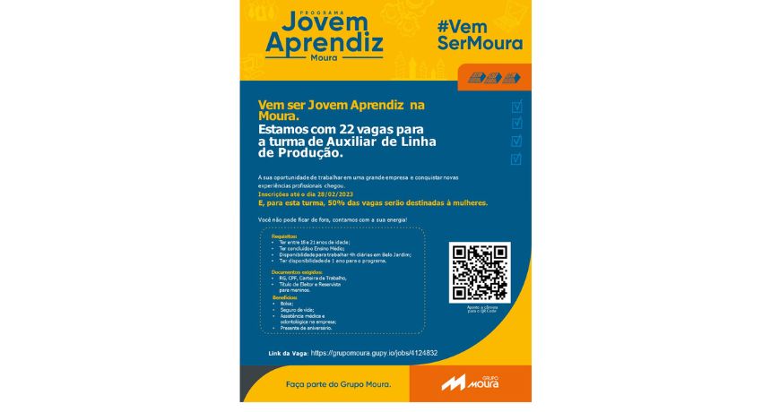 Grupo Moura abre inscrições para o Programa Jovem Aprendiz