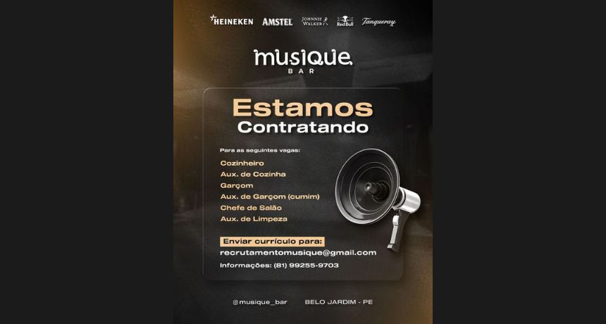 Musique Bar abre seis vagas de emprego em Belo Jardim