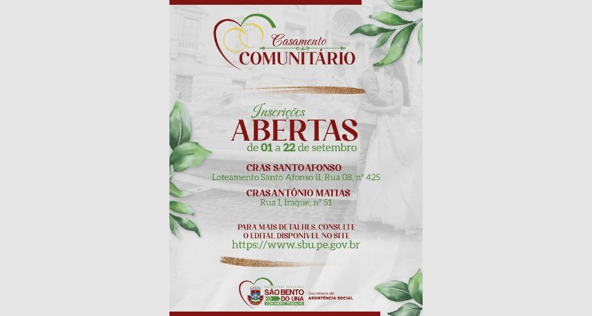 Edital Abre Inscrições para Casamento Comunitário em São Bento do Una