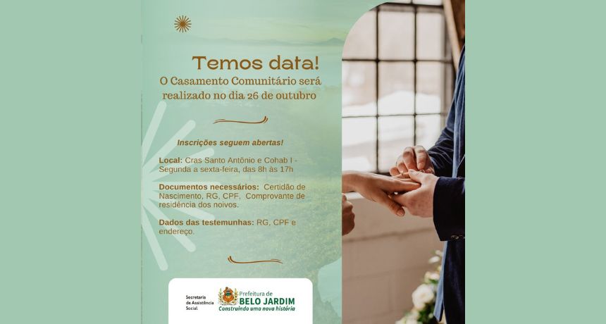 Seguem abertas inscrições para o Casamento Comunitário. Cerimônia marcada para 26 de outubro