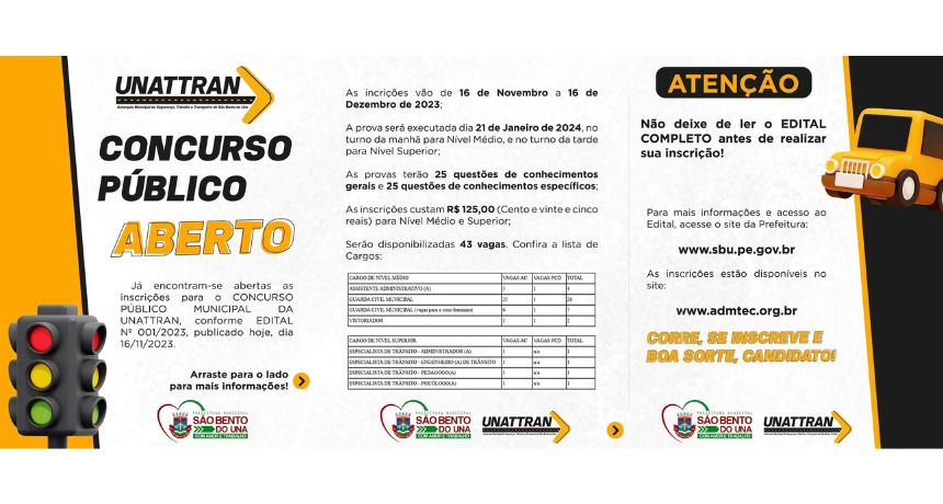 Abertas as inscrições para o concurso da Autarquia Municipal de Segurança, Trânsito e Transporte de São Bento do Una