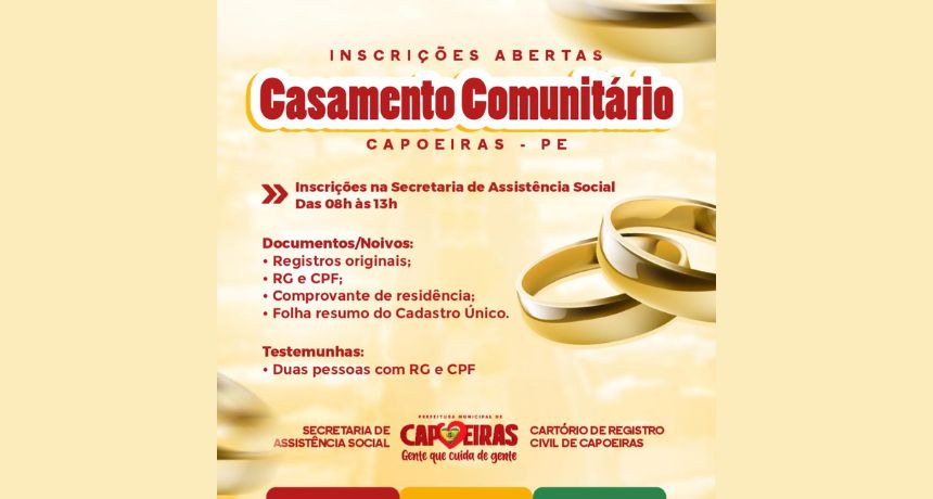 Capoeiras abre inscrições para casamento comunitário