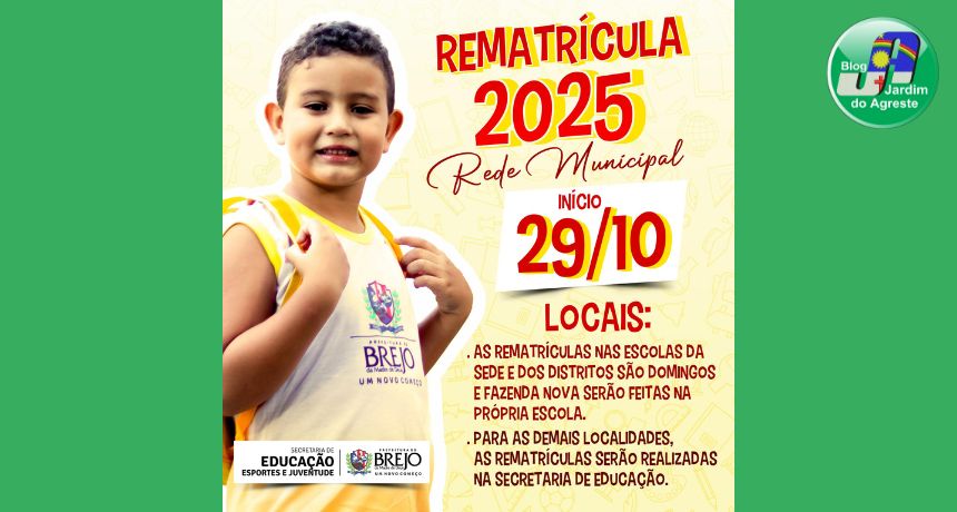 Rematrícula da Rede Municipal de Ensino do Brejo da Madre de Deus começa no dia 29 de outubro