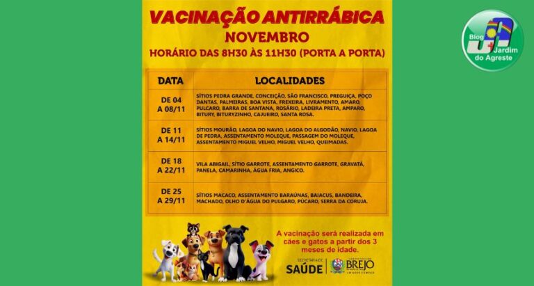 Departamento de Vigilância Ambiental do Brejo da Madre de Deus divulga calendário de vacinação antirrábica