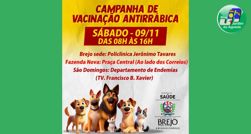 Secretaria de Saúde do Brejo da Madre de Deus realiza dia D de vacinação antirrábica em 09 de novembro